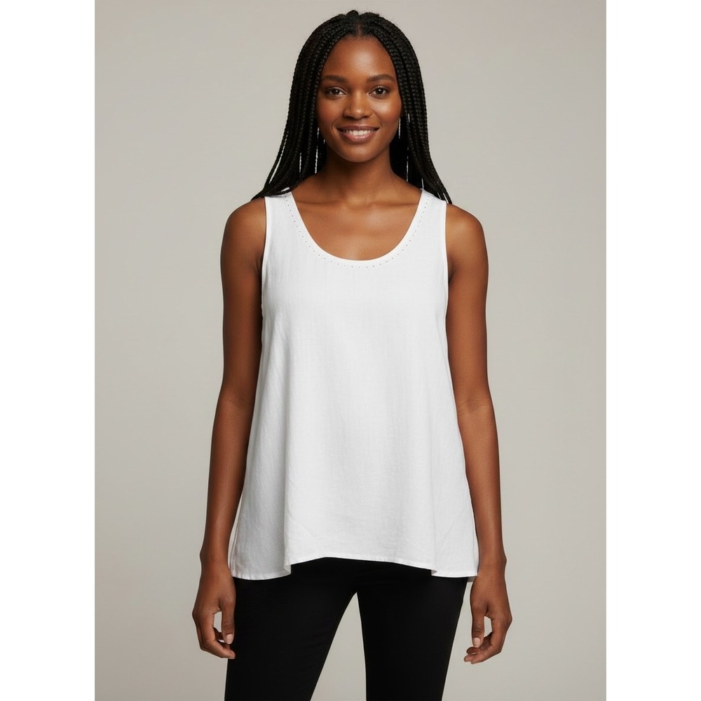 J. Jill Sleeveless Top L White 100% Linen Scoop Neck Broderie Anglaise Eyelet